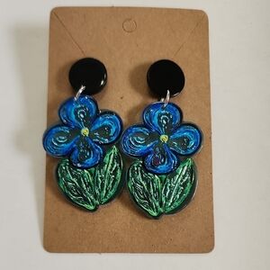 Colorful Geometric Acrylic Pendant Earrings Blue & Green Van Gogh Florals NWOT